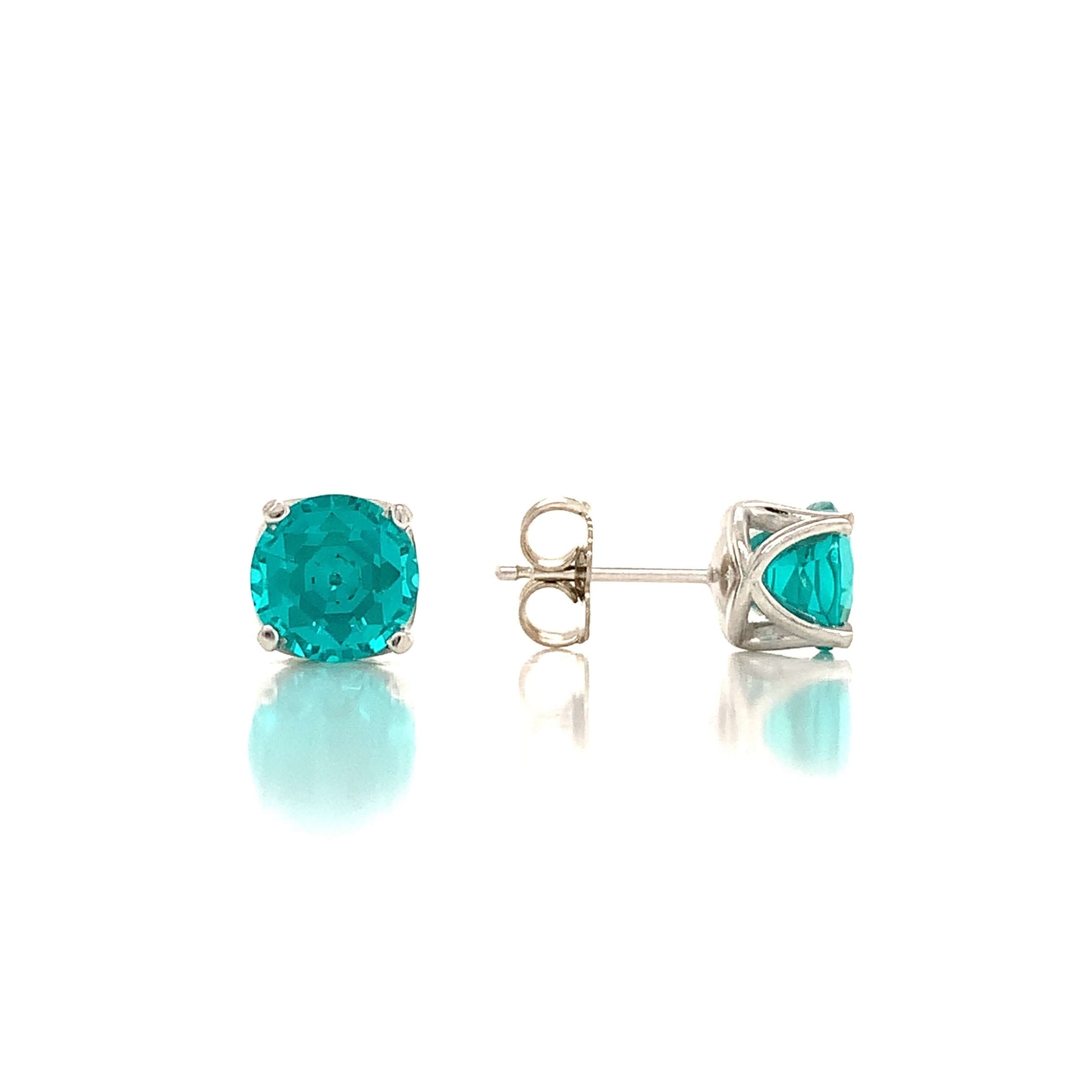 14K White 4 Prong Round Lab Grown Paraiba Doublet Set in Classic Gold Basket Earring Mountings | Earrings